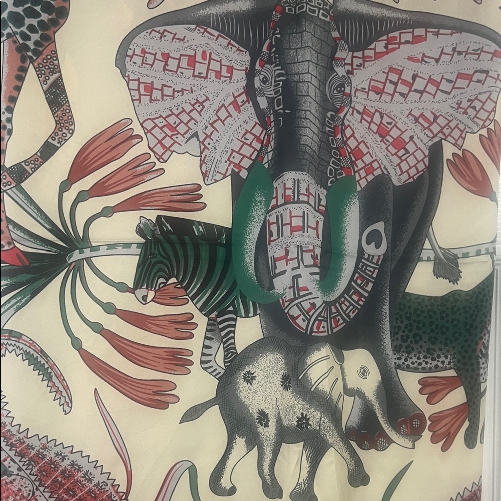 Elephant & Zebra Print Silk-Feel Scarf in Cream, Green & Coral